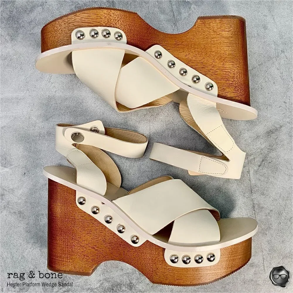RAG & BONE HESTER LEATHER ANKLE-STRAP WEDGE PLATFORM SANDALS IN IVORY SIZE 9